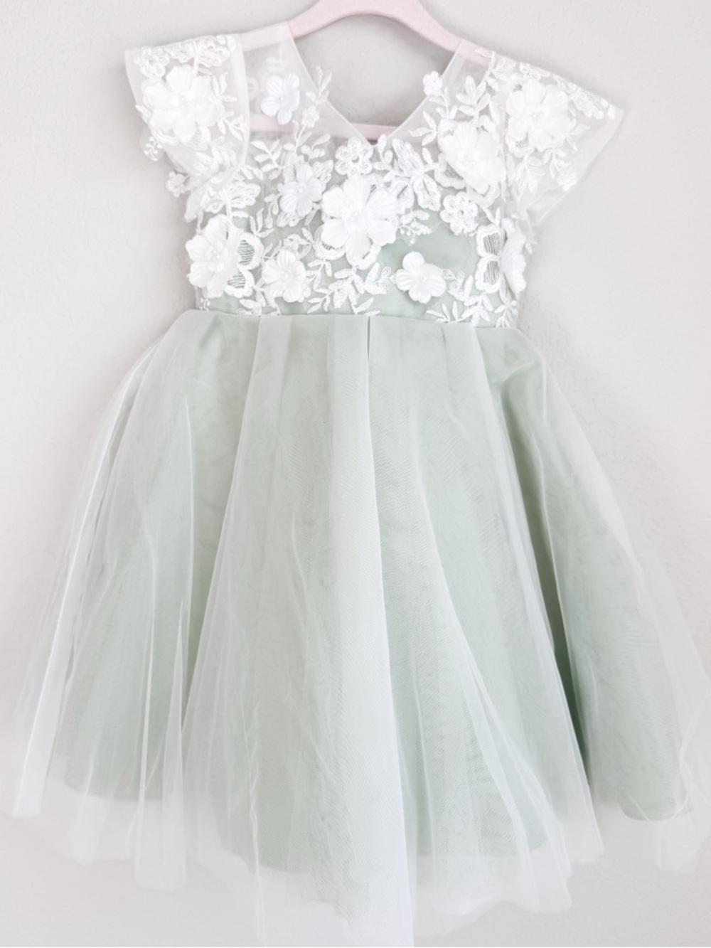 JJ’s House Flower Girl Dress Sage Green Tulle Lace 3D Floral Wedding Easter 4T